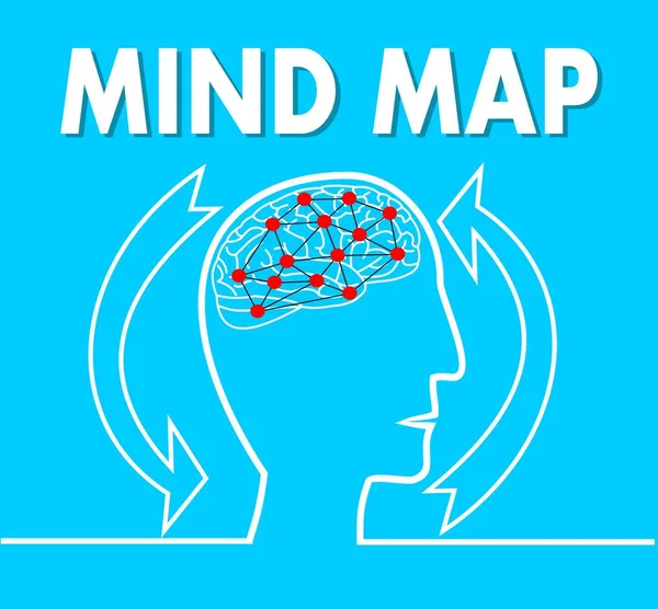 Carte mentale, silhouette de ligne de la tête humaine avec cerveau et points rouges, maille triangle delaunay, deux flèches présentant le cycle — Image vectorielle
