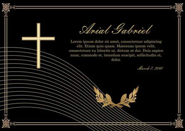 Funeral announcement in luxurious design. Filigree golden embossed patterned borders. Luxurious obituary with golden crucifix and lawrence branches on black background. — Stock Vector