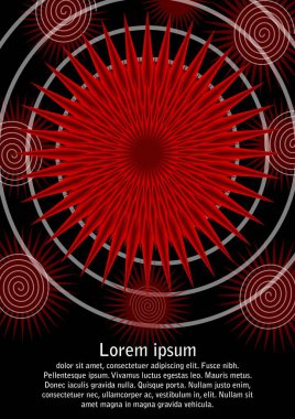 Kırmızı soyut 3d yıldız şekli ve siyah arka plan, boşluk örnek metin, çekici broşür, afiş, el ilanı tasarımı ile beyaz spiraller