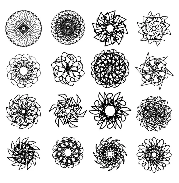 Ensemble de formes d'étoiles monochromes, motifs en dentelle, design calligraphique monoline, dessin noir sur fond blanc — Image vectorielle