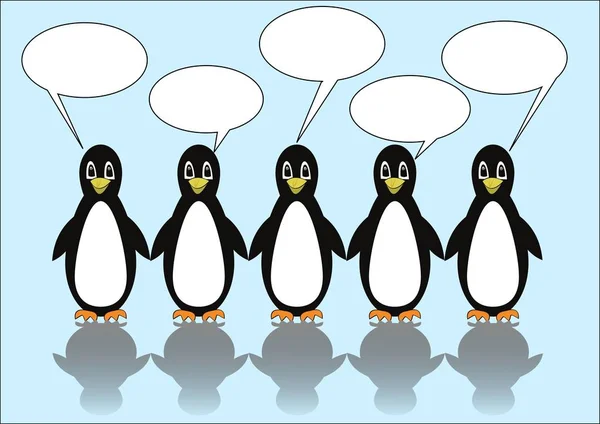 Gruppe von fünf Pinguinen mit Sprechblasen. leere Anrufbeantworter für die eigene Botschaft. niedliche Illustration auf hellblauem Eis Hintergrund, — Stockvektor