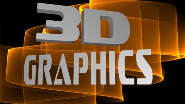 3D grafika reklamní nápis, 3D bílá písmena pohybující se na rozmazané pozadí, ohnivé křivky na černém — Stock video