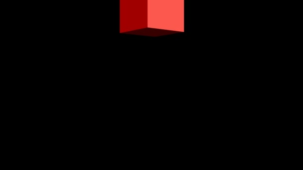 Обертається червоний куб змінює форму, створює рамку для тексту і залишає сцену — стокове відео