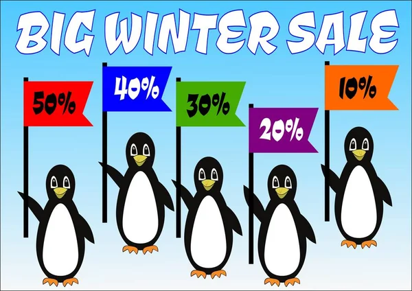 Grupo de pingüinos con banderas porcentuales en la gran venta de banderas de invierno, publicidad de descuento de invierno de hasta 50 por ciento, aves lindas sobre fondo de gradiente de hielo, cinco dibujos animados de pingüinos con banderas de colores — Vector de stock