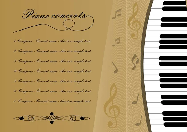 Plantilla de programa de concierto de piano con teclado cortado, clave triple y algunas notas, folleto musical, fondo dorado con curvas onduladas — Archivo Imágenes Vectoriales