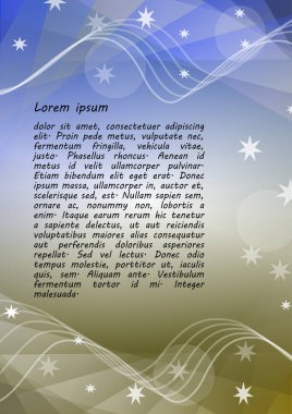 Yıldız, dalgalı eğrileri, kopya alanı, bulanık ışıklar ile şenlikli altın ve mavi soyut arka plan. Broşür, el ilanı, örnek metin ile poster için lüks tasarım. Noel arka plan.