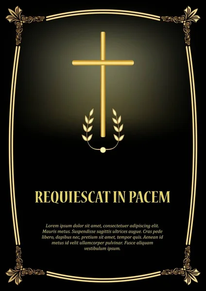 Luksusowy szablon neobituary ze Złotym Krzyżem, złotym Vintage rama i światło. Elegancka luksusowa zapowiedź pogrzebowa ze złotym wystrojem na czarnym tle. — Wektor stockowy