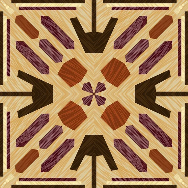 Carrelage marqueterie, motifs texturés en bois, ornement décoratif symétrique en bois clair et foncé, objet d'art en bois — Image vectorielle