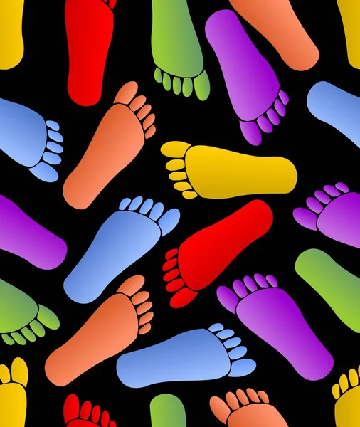 Empreintes multicolores sur fond noir, traces humaines en rouge, vert, orange, violet et jaune, fond sans couture, motifs en tissu, ornement textile — Image vectorielle