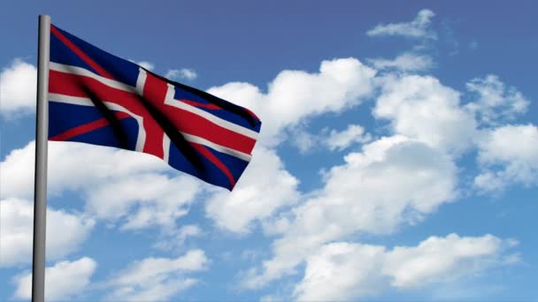 Британский флаг на фоне неба с белыми облаками, компьютерная 3D анимация, рендеринг видео — стоковое видео