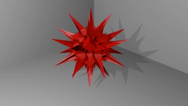 Red abstract spatial object with spines hovering in space, rotation, zooming — Stock Video