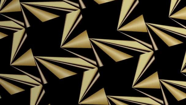 Abstraktní zlaté kaleidoskopské vzory reliéfu, trojúhelníkové vzory pohybující se na černém pozadí a stavební růžici