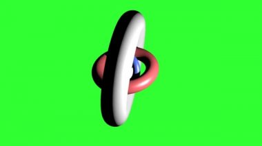 Beyaz torus, kırmızı torus ve mavi torus farklı eksenlerde ortak bir merkez etrafında dönen. Yeşil ekranda 3d animasyon