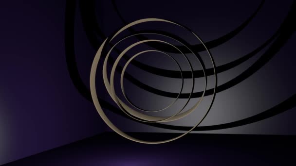 Brązowe metalowe pierścienie poruszają się w ciemnym miejscu z fioletowym światłem. Streszczenie mistyczne wideo. Do użytku jako intro, logotyp. Animacja renderowania 3D — Wideo stockowe