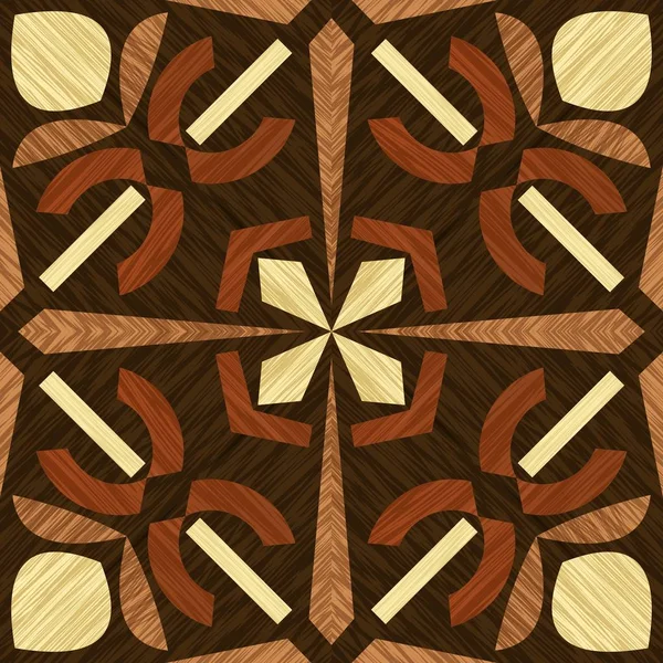 Telha de madeira incrustada, padrões texturizados de madeira, ornamento decorativo geométrico em tipos claros e escuros de madeira, objeto de arte de madeira — Vetor de Stock