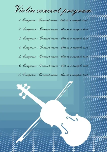 Шаблон програми скрипкових концертів з білим силуетом скрипки, зразок тексту на синьому абстрактному фоні — стоковий вектор