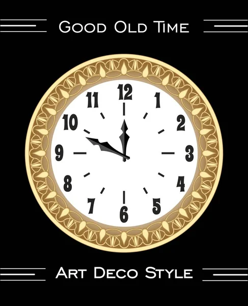 Antique richly decorated clock, isolated art deco object on black background, golden metal with filigree patterns, measuring time — Stock Vector