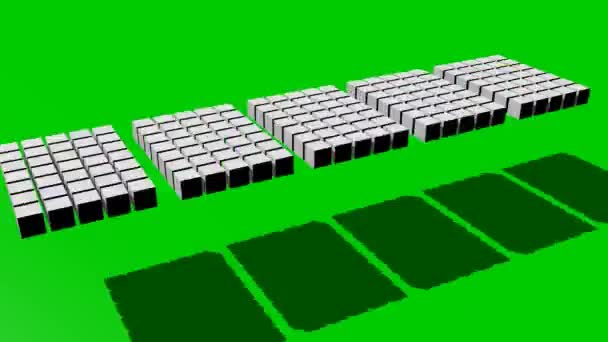 Yeşil ekranda hareket eden beş beyaz küp segmenti, yakınlaştırma, döndürme, soyut giriş veya dış video — Stok video