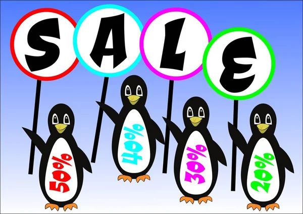 Penguins group bearing inscription on banner sale, advertisement of winter discount up to 50 percent, cute birds on ice gradient background, five penguins cartoons with colorful labels — Stock Vector