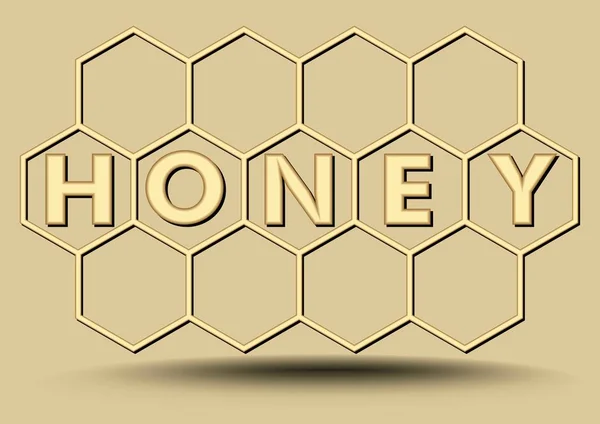 Medový nápis ve zlatém designu, šestiúhelníková plástev, včelařství s nápisem medu — Stockový vektor