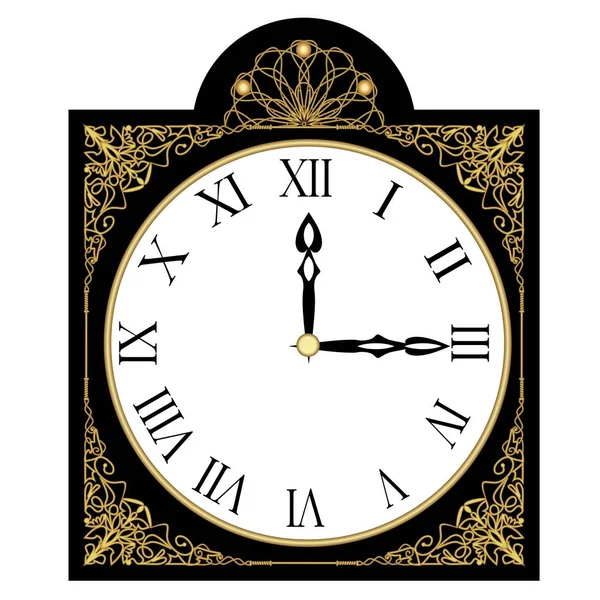 Black antique richly decorated clock, clock face with roman numbers, isolated art deco object with golden filigree patterns, patterns, measuring time — Stock Vector