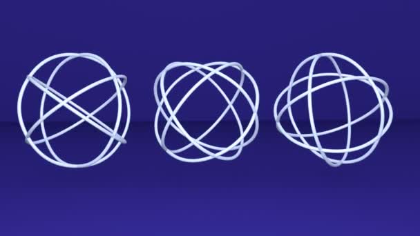 Τρία μεταλλικά ασημένια σφαιρίδια, αφηρημένα κινούμενα σχέδια, λογότυπος περιστρεφόμενος σε σκούρο μπλε φόντο, — Αρχείο Βίντεο