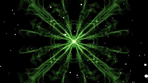 緑色の正方形のマンダラが白い粒子を放出する。エネルギーを得るためのマンダラ。ライブフラクタルパターン — ストック動画