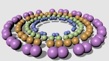 Beyaz arka plan üzerinde daire içinde hareket eden güzel pastel renkli boncuklar. 3d video soyut arka plan