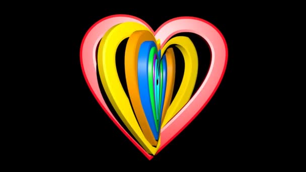 Corações de arco-íris em grupo sobre fundo preto. Sete corações em cores e tamanhos diferentes girando no meio da tela . — Vídeo de Stock