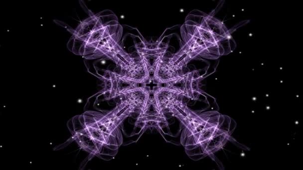 Purple symmetric fractal patterns with white flying lights. Mandala for meditation and spiritual release, — Stock Video