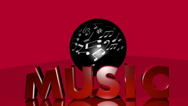 Music planet abstract video. Black sphere with white music notes rotating, red inscription Music, 3d render movie with musical thema on red background. Disco, night club , music club announcement — Stock Video