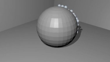 Gri oda, soyut film, intro, outro, geometrik vücut, fantezi gezegen modeli, oksijen molekülleri, 3d render, fullhd kalitesinde hareketli inci parçacıkları ile gri küre