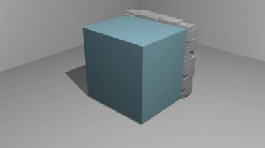 kübik bir nesne üzerinde kübik parçacık hareketi animasyon, 3d film, açık gri mekansal arka plan üzerinde mavi küp ve gri parçacıklar, fullhd video