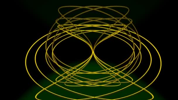 Spatial spherical body, designed from gold wire, rotating about horizontal axis and making kaleidoscopic ornaments on black background with green light. Fantasy mysterious animation. — Stock Video