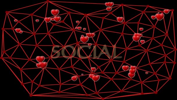 Animação de rede social com corações vermelhos bonitos, batendo em grupo dentro de malha vermelha, malha voronoi no fundo preto — Vídeo de Stock