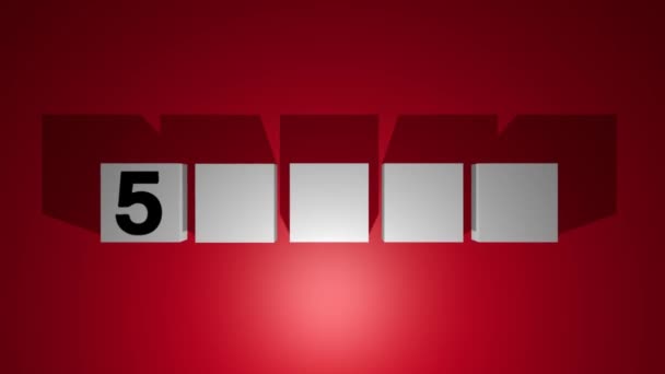 Обратный отсчет от пяти до одного, движущиеся кубики с числами, серые кубики на красном фоне, после окончания обратного отсчета кубики падают — стоковое видео