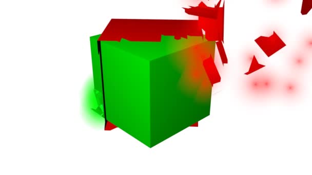 Barevný prostor RGB, tři kostky červené, zelené a modré, pohyb a rozpad geometrie na částice a barevný kouř. Moderní abstraktní video pozadí na bílé obrazovce — Stock video