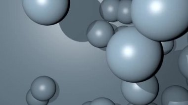 Gri arka planda uçan metal küreler, 3D görüntüleme, gümüş demir toplar hareket ediyor