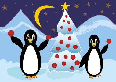 Buzlu iki penguen Noel ağacıyla, hayvanlarla Noel toplarıyla oynayan şirin Noel kartı.