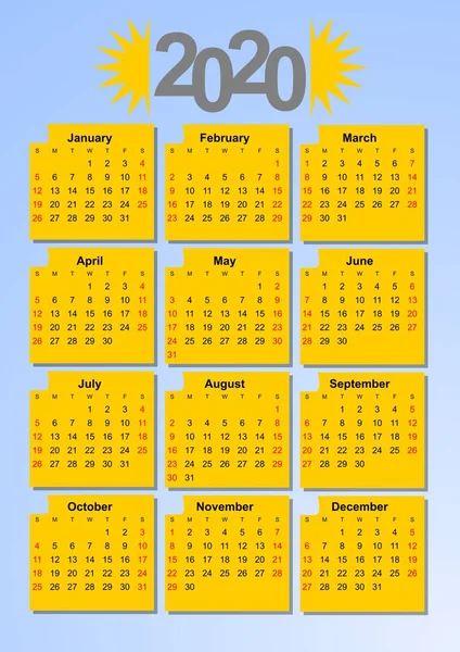 Calendario 2020 en colores sol, meses en marcos amarillos sobre fondo azul claro . — Vector de stock