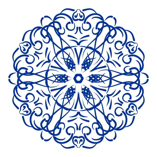 Design in ceramica cobalto blu antico, modelli di cerchi folcloristici tradizionali vintage in stile orientale — Vettoriale Stock