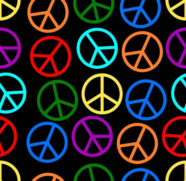 Rainbow multicolor symbols of peace uneven distributed on black background. — Stock Vector