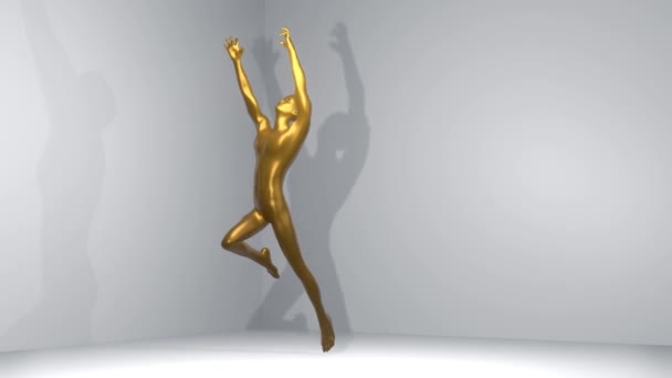 극적 인 포즈를 취하고 있는 근육질의 남자의 동상 이 우뚝 서 있다. 흰 공간에서 발 끝에서 회전하는 금속 조각상이다. 3d 영화 믹서 — 비디오