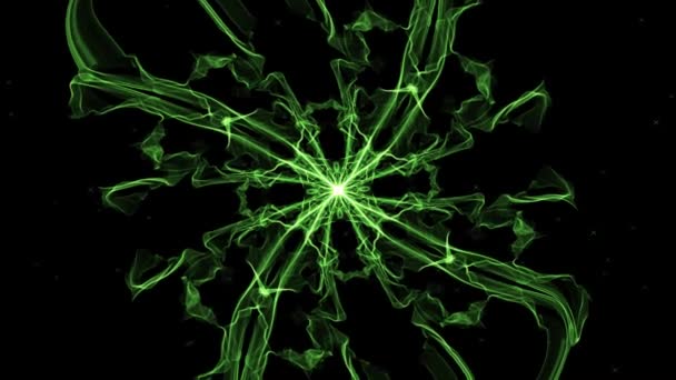 Zielona magia fraktalny kształt, anty-stres ozdoba w kolistym ruchu gięcia, czarne tło z małych zielonych migających gwiazd — Wideo stockowe