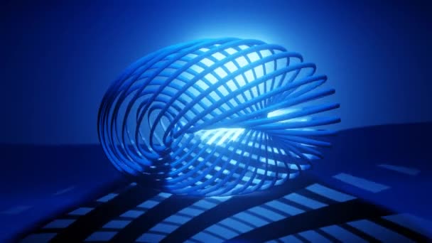Niebieski torus w wireframe design na ciemnoniebieskim tle z efektami świetlnymi, obiektem 3D obracającym się w przestrzeni i rzucającym cień na jego tło. Realizacja filmu abstrakcyjnego. — Wideo stockowe