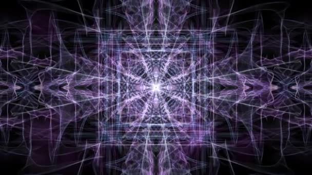 Patrones de humo giratorio púrpura, fractal vivo con luces intermitentes sobre fondo negro, forma cuadrada en el centro de la animación, entrenamiento de concentración, parpadeo púrpura suave — Vídeo de stock