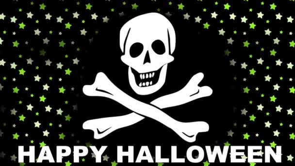 Feliz banner de Halloween com uma imagem ondulante do crânio e ossos cruzados. Contra o pano de fundo de uma estrela colorida mudando de cores . — Vídeo de Stock