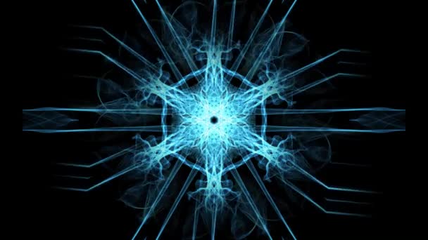 Mandala vivo, luz azul fumaça padrões simétricos, raios rotativos em fundo preto — Vídeo de Stock