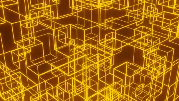 Cuerpo abstracto compuesto de material emisor amarillo, cubos de alambre de construcción aleatoria, acercándose y retrocediendo la estructura del marco de alambre, película hud en 3d render, — Vídeos de Stock