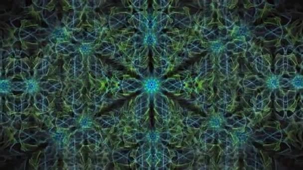 Zielone i niebieskie drobne wzory fraktalne w ruchu tunelu na czarnym tle, abstrakcyjna animacja, fantastyczne tło wideo, mandala na żywo do medytacji i relaksu — Wideo stockowe